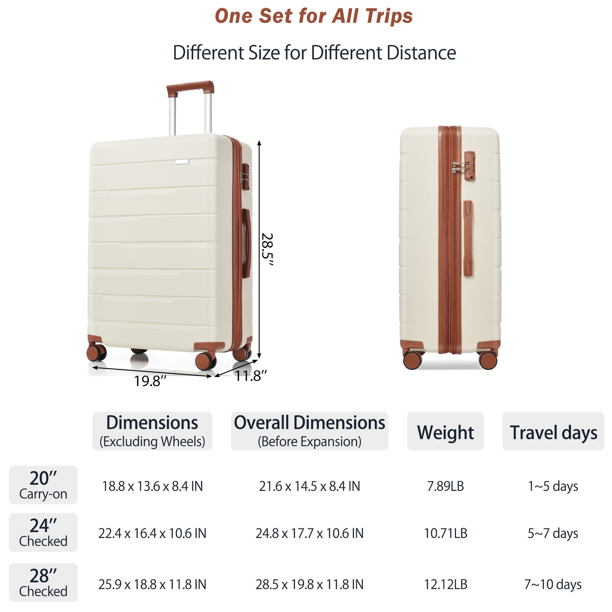 Luggage Sets 4 Piece, Expandable Abs Durable Suitcase With Travel Bag, Carry On Luggage Suitcase Set With 360 Spinner Wheels, Ivory And Brown Beige Brown Abs