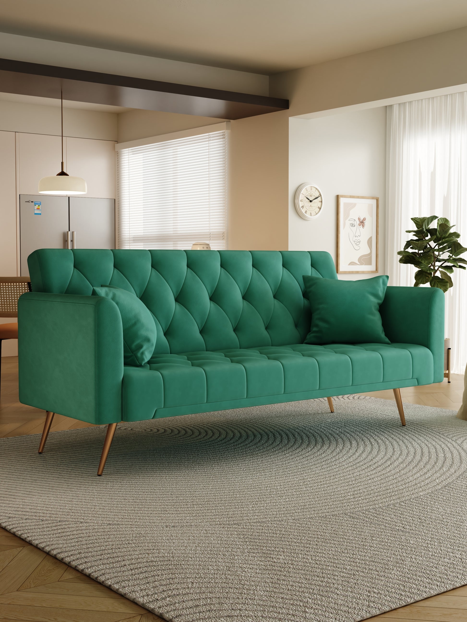 71 Inch Convertibleseat Sofa, American Retro Green Velvet, Suitable For Small Living Room, Bedroom, Office Green Velvet 2 Seat