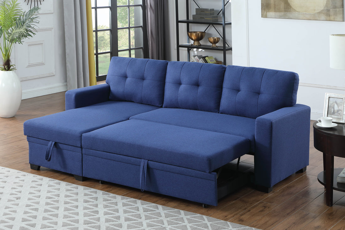 Upholstered Pull Out Sectional Sofa With Chaise Blue Foam Linen