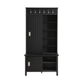 Multifunctional Hall Tree With Sliding Doors, Wooden Hallway Shoe Cabinet With Storage Bench And Shelves, Mudroom Coat Storage With Hanging Hooks For Entryways, Black Black Mdf