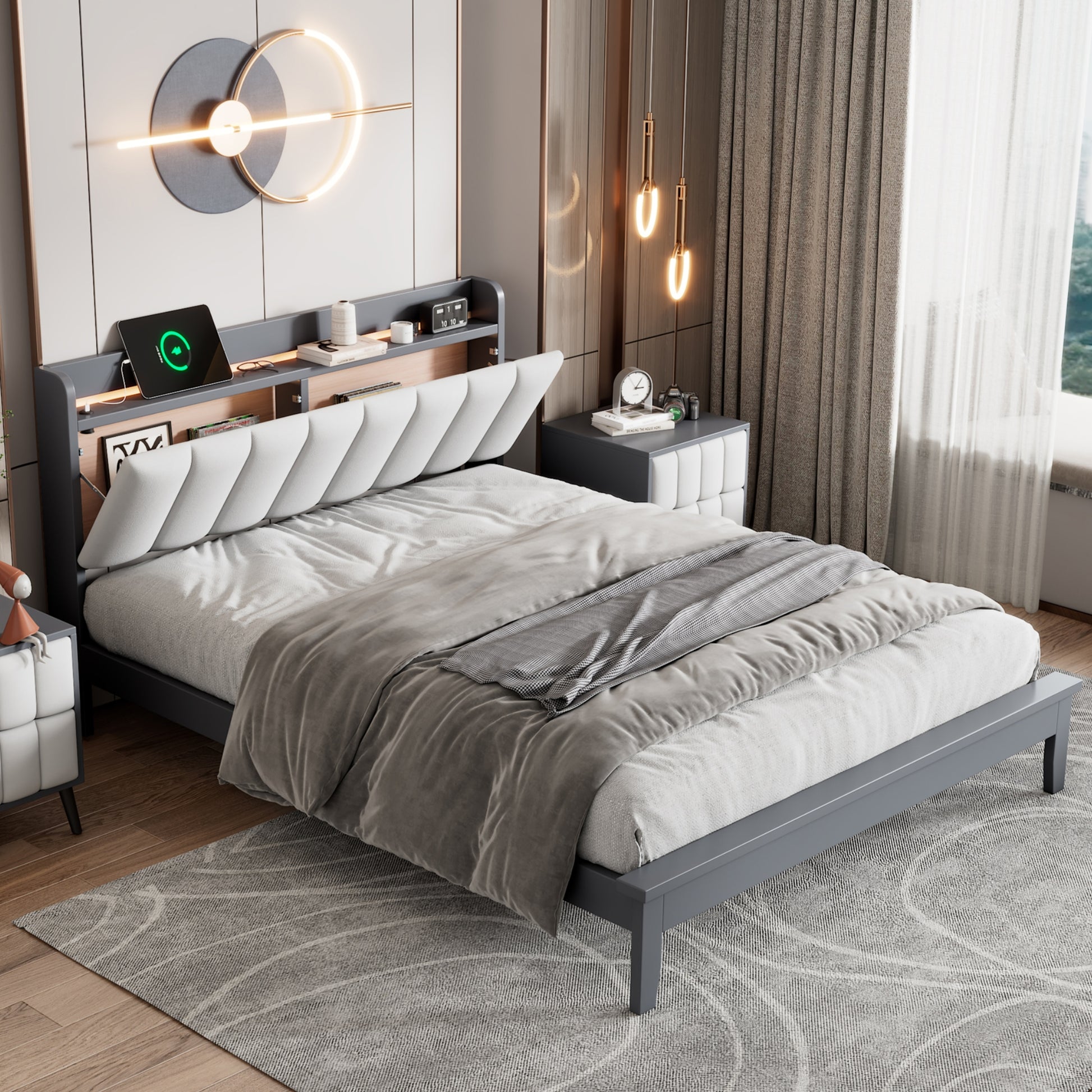 Queen Size Platform Bed With Usb Charging Station And Storage Upholstered Headboard,Led Bed Frame,No Box Spring Needed,Gray White Gray Wood