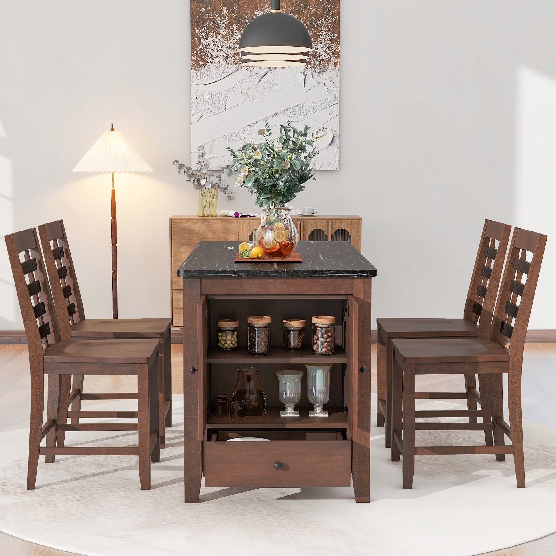 Counter Height 5 Piece Dining Table Set With Faux Marble Tabletop, Solid Wood Table Set With Storage Cabinet And Drawer, Dark Walnut Wood Dining Room Solid Wood Rubberwood Rectangular Sideboard Included Wood Walnut Ladder Back Seats 4 60 Inches Rustic 4