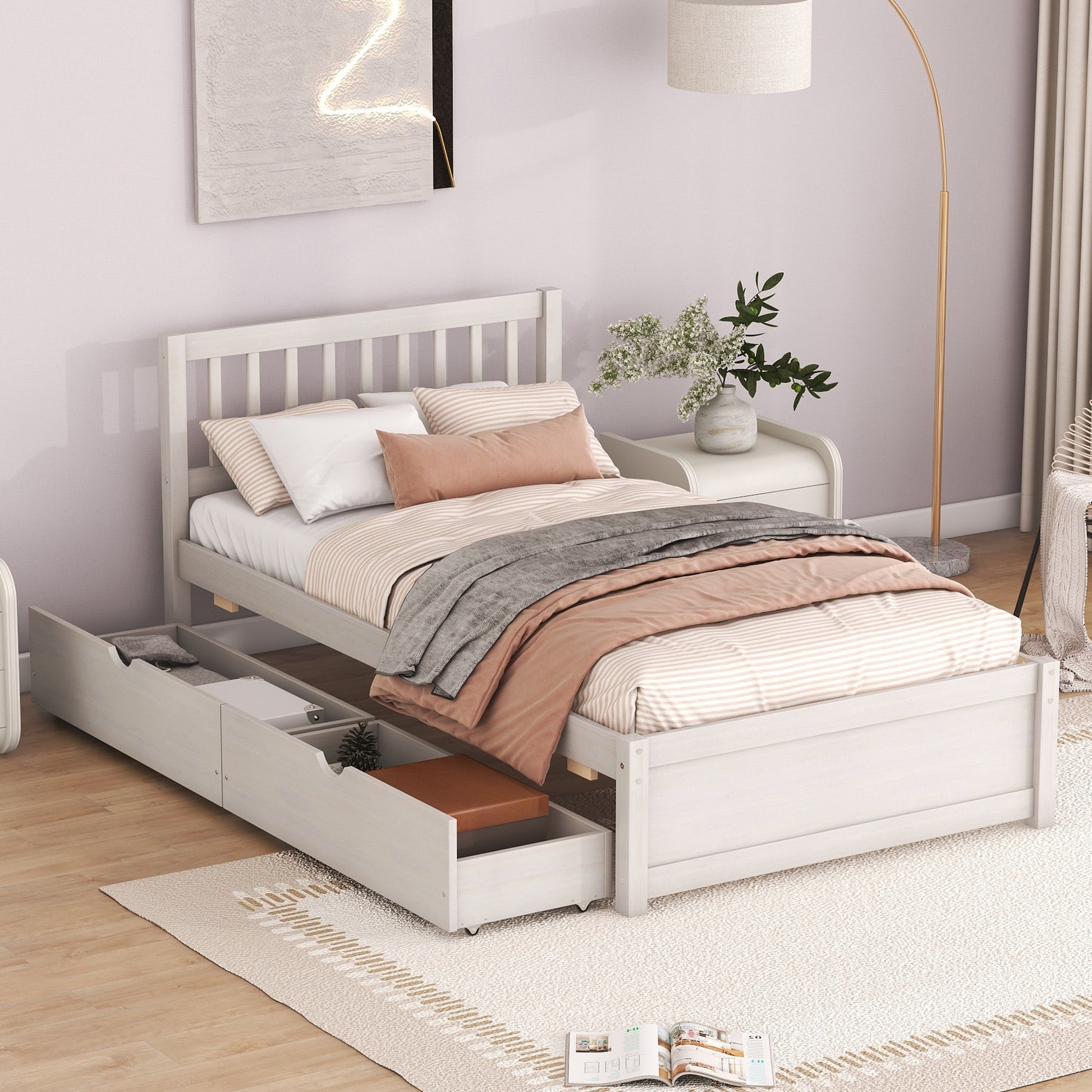Modern Design Wooden Twin Size Platform Bed With 2 Drawers For White Washed Color White Washed Rubber Wood