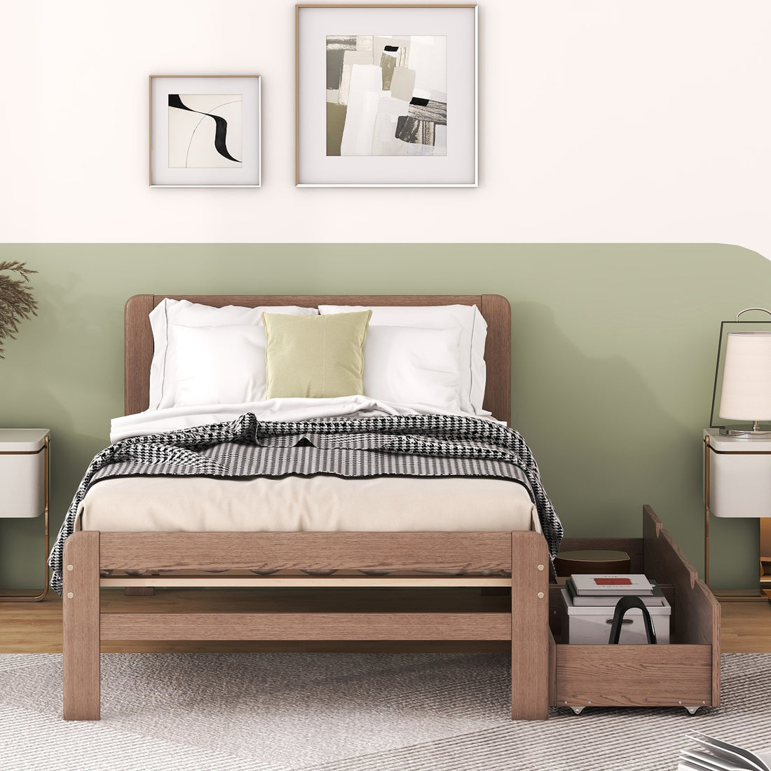 Modern Design Twin Size Platform Bed Frame With 2 Drawers For Walnut Color Twin Walnut Rubber Wood
