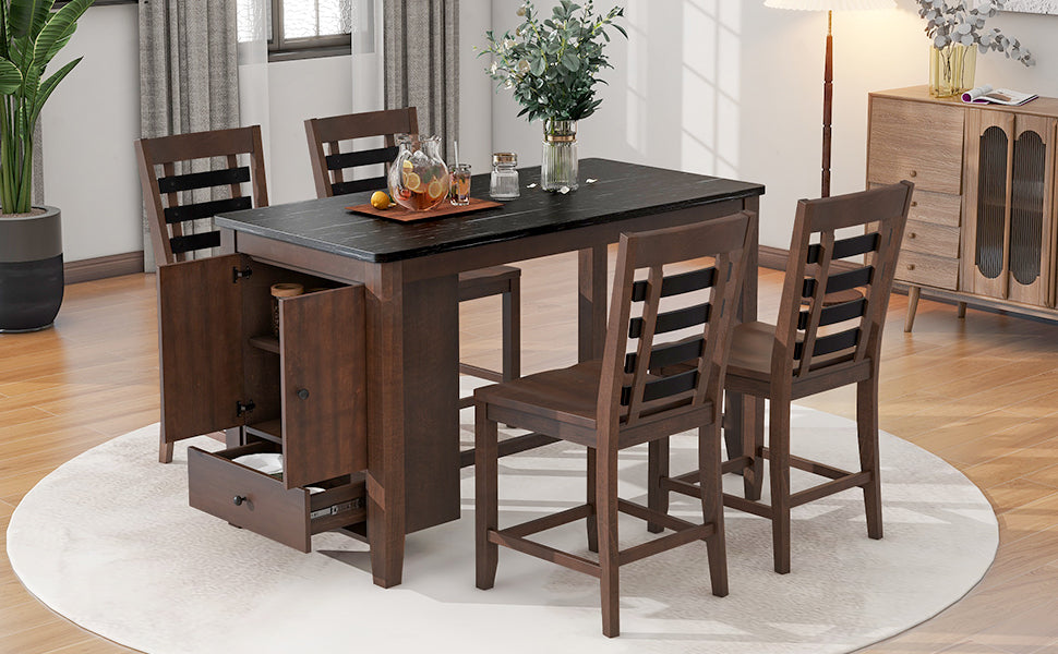 Counter Height 5 Piece Dining Table Set With Faux Marble Tabletop, Solid Wood Table Set With Storage Cabinet And Drawer, Dark Walnut Wood Dining Room Solid Wood Rubberwood Rectangular Sideboard Included Wood Walnut Ladder Back Seats 4 60 Inches Rustic 4