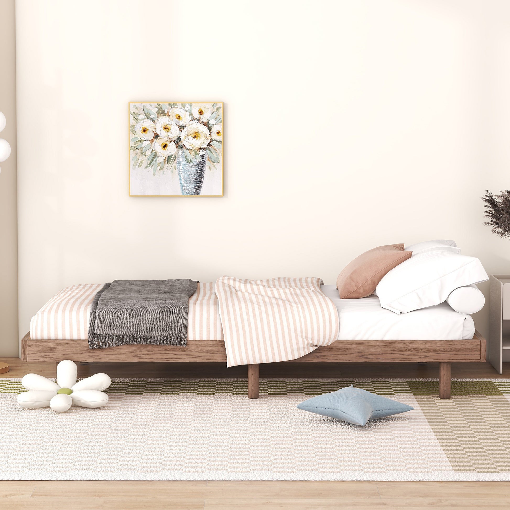 Modern Design Twin Size Floating Platform Bed Frame For Walnut Color Walnut Particle Board