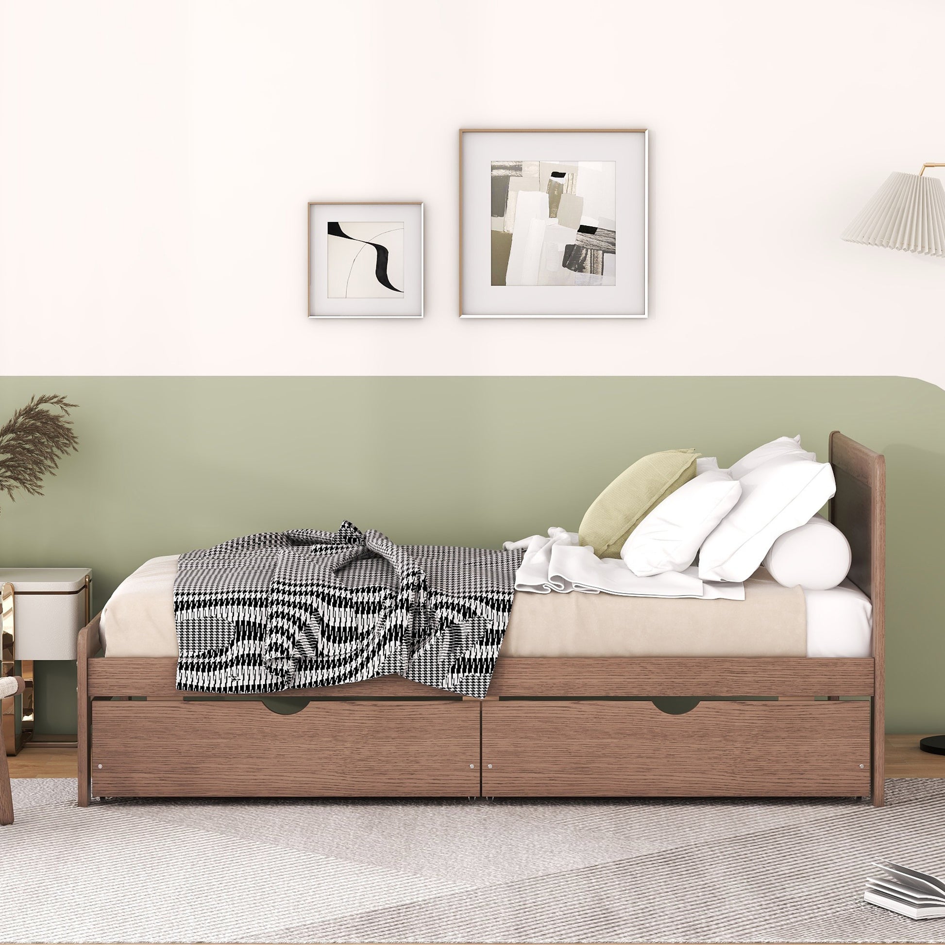 Modern Design Twin Size Platform Bed Frame With 2 Drawers For Walnut Color Twin Walnut Rubber Wood