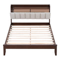 Full Size Platform Bed With Usb Charging Station And Storage Upholstered Headboard,Led Bed Frame,No Box Spring Needed,Walnut Beige Walnut Wood