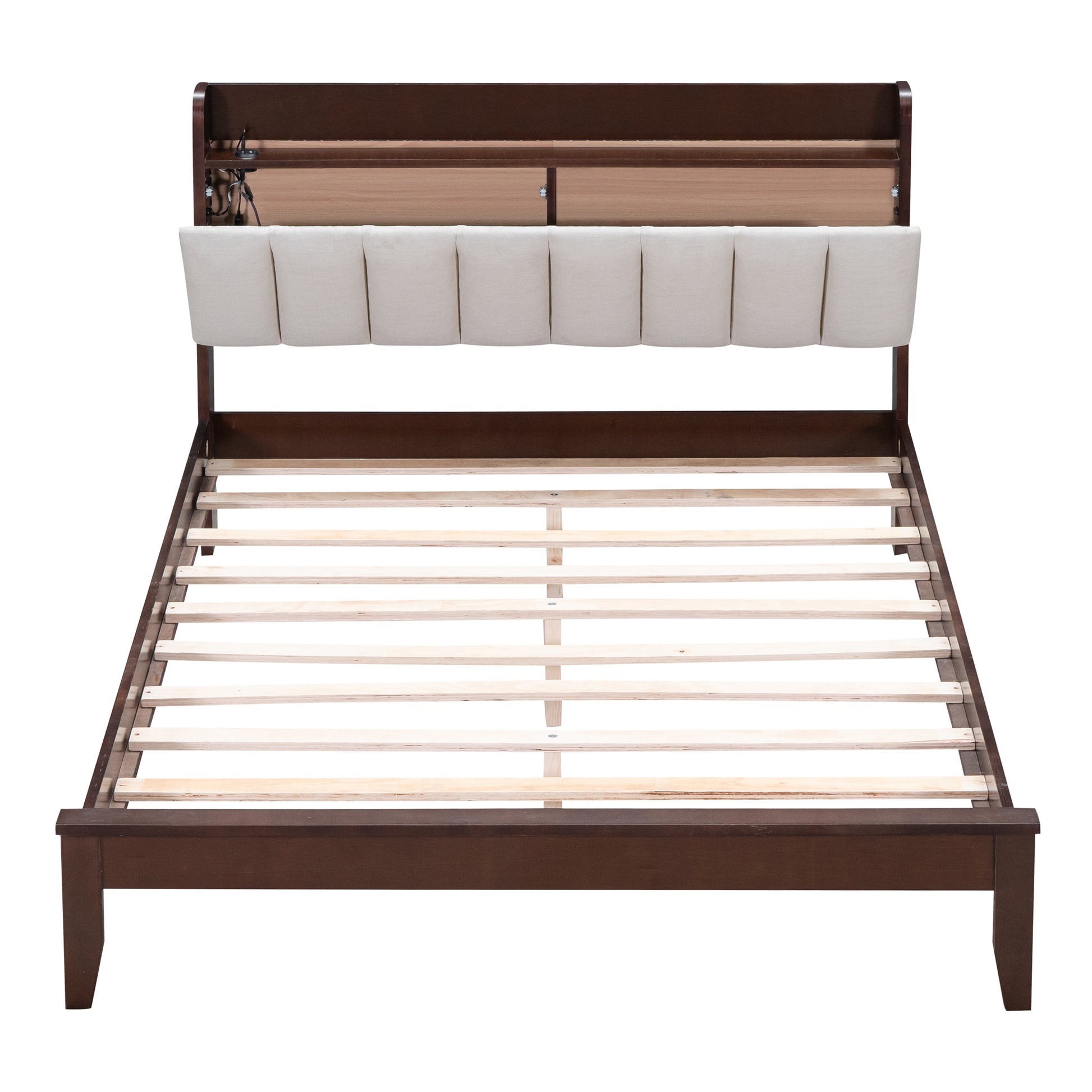 Full Size Platform Bed With Usb Charging Station And Storage Upholstered Headboard,Led Bed Frame,No Box Spring Needed,Walnut Beige Walnut Wood