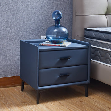 Nightstand, Modern Nightstand With 2 Drawers, Night Stand With Pu Leather And Hardware Legs, End Table, Bedside Cabinet For Living Room Bedroom Grey Blue Blue Gray Pu