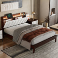 Full Size Platform Bed With Usb Charging Station And Storage Upholstered Headboard,Led Bed Frame,No Box Spring Needed,Walnut Beige Walnut Wood