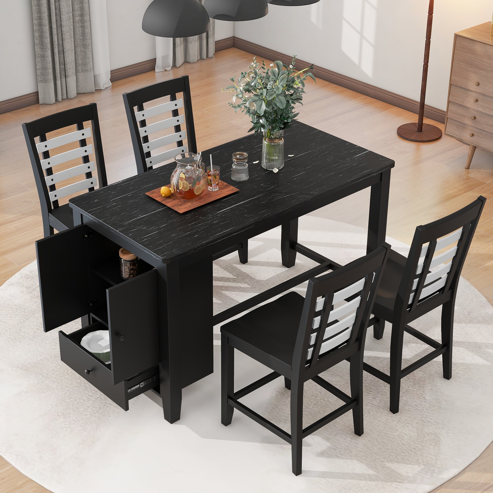 Counter Height 5 Piece Dining Table Set With Faux Marble Tabletop, Solid Wood Table Set With Storage Cabinet And Drawer, Black Wood Dining Room Solid Wood Rubberwood Rectangular Sideboard Included Wood Black Ladder Back Seats 4 60 Inches Rustic 4 Leg