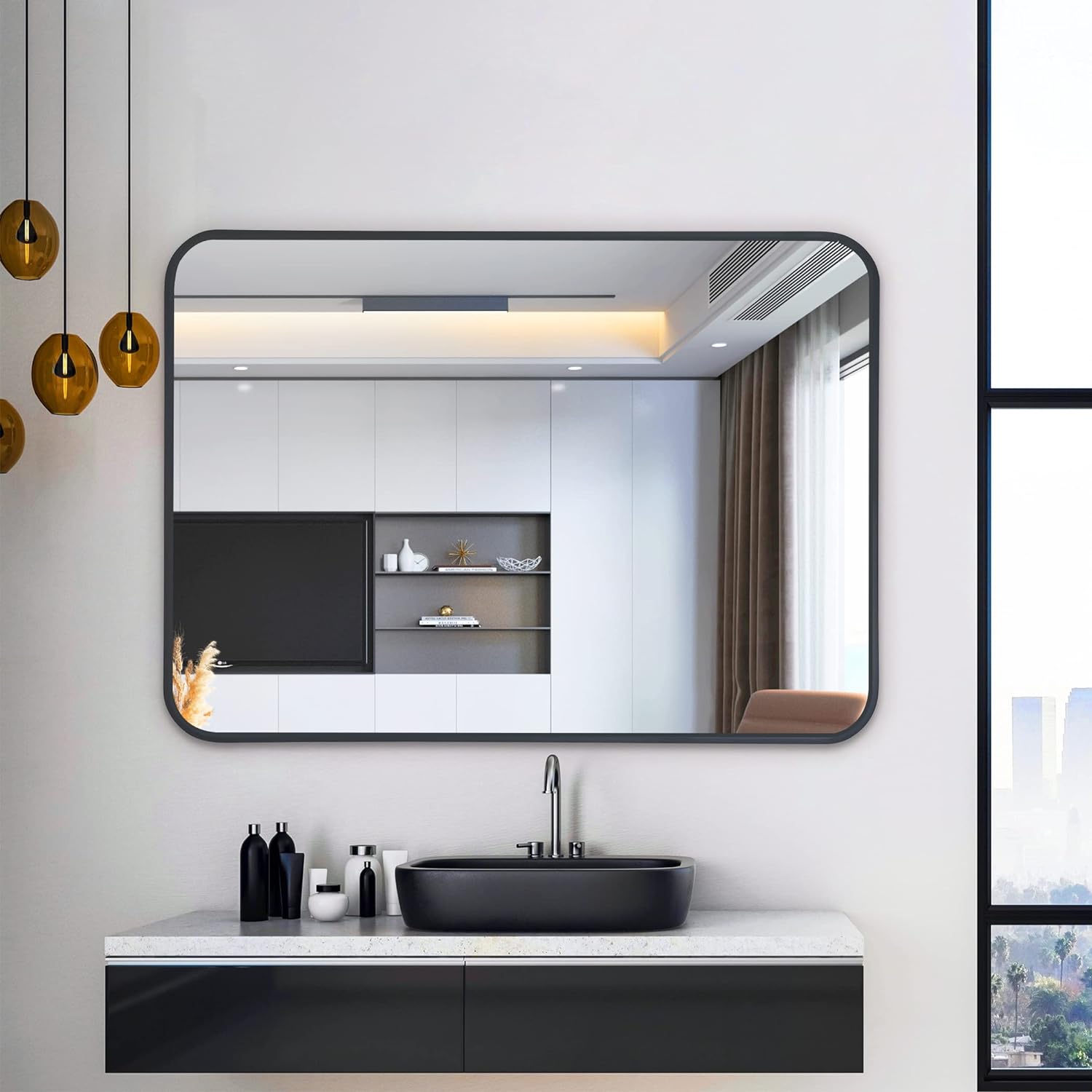 Black 24 "X36" Rectangular Bathroom Wall Mirror Black Classic,Modern Mdf Glass Aluminium