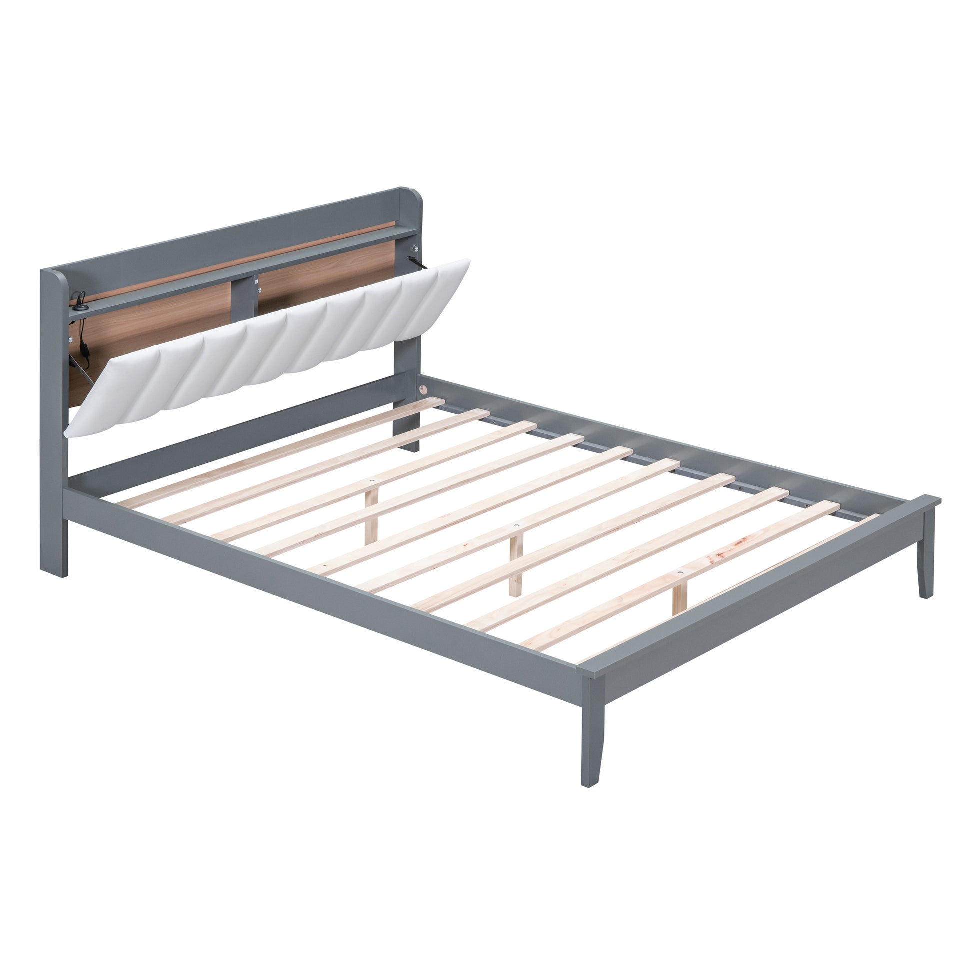 Queen Size Platform Bed With Usb Charging Station And Storage Upholstered Headboard,Led Bed Frame,No Box Spring Needed,Gray White Gray Wood