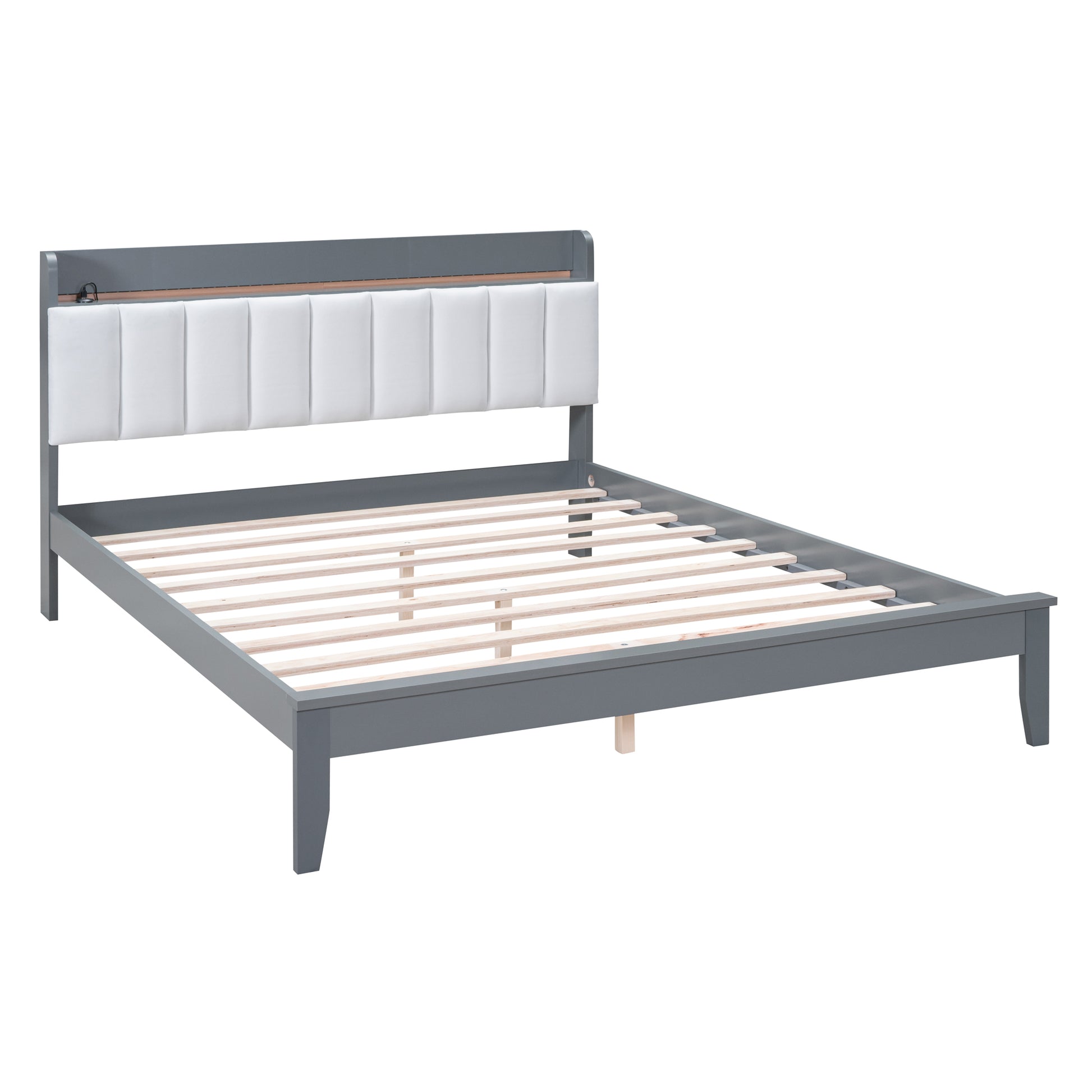 Queen Size Platform Bed With Usb Charging Station And Storage Upholstered Headboard,Led Bed Frame,No Box Spring Needed,Gray White Gray Wood