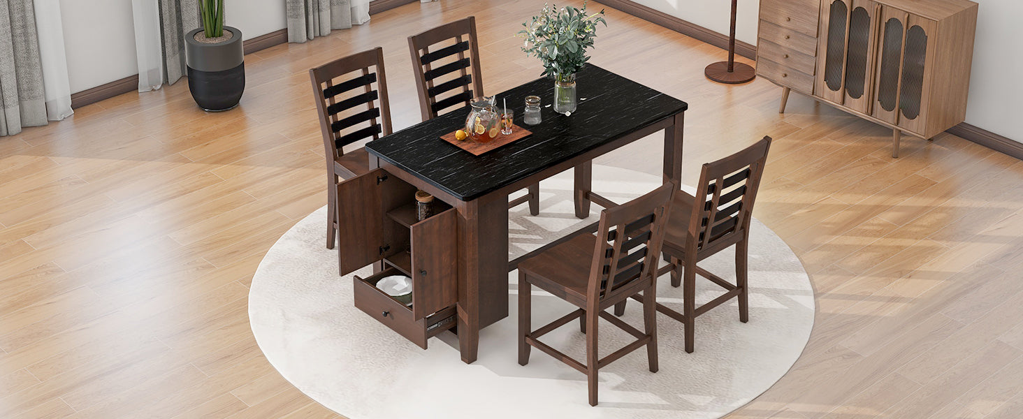 Counter Height 5 Piece Dining Table Set With Faux Marble Tabletop, Solid Wood Table Set With Storage Cabinet And Drawer, Dark Walnut Wood Dining Room Solid Wood Rubberwood Rectangular Sideboard Included Wood Walnut Ladder Back Seats 4 60 Inches Rustic 4