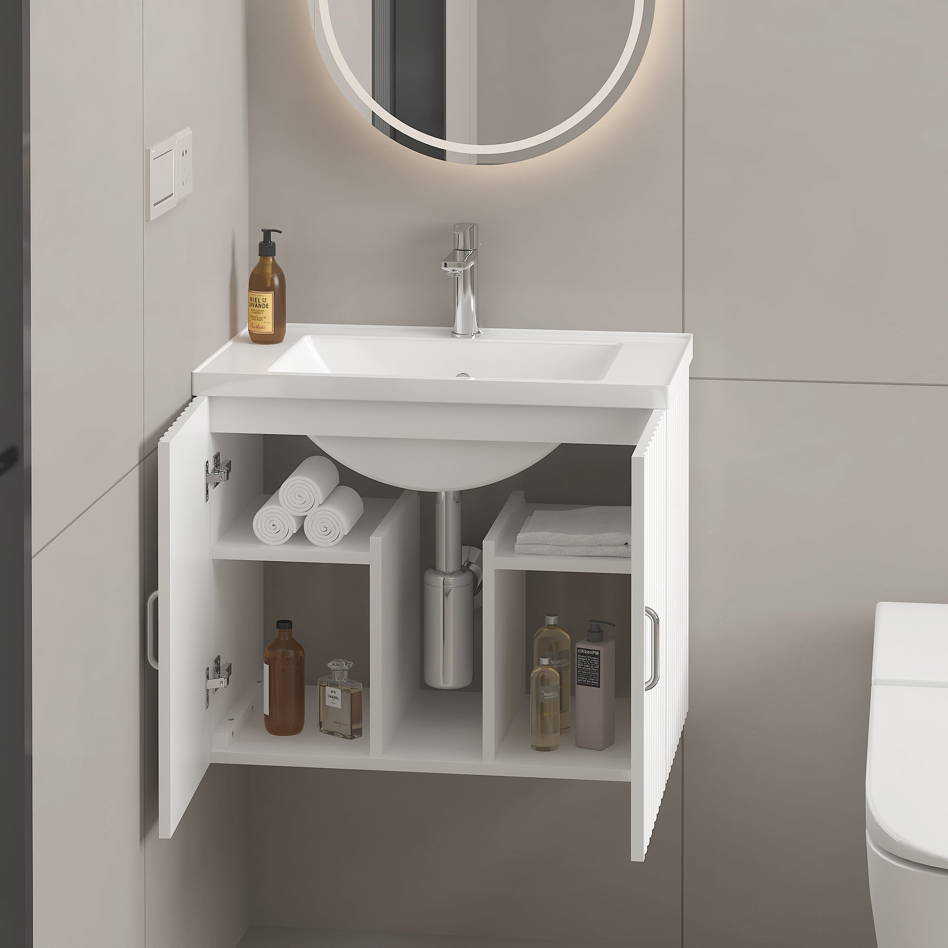 24" Floating Wall Mounted Bathroom Vanity With White Porcelain Sink And Soft Close Doors White Ceramic Mdf