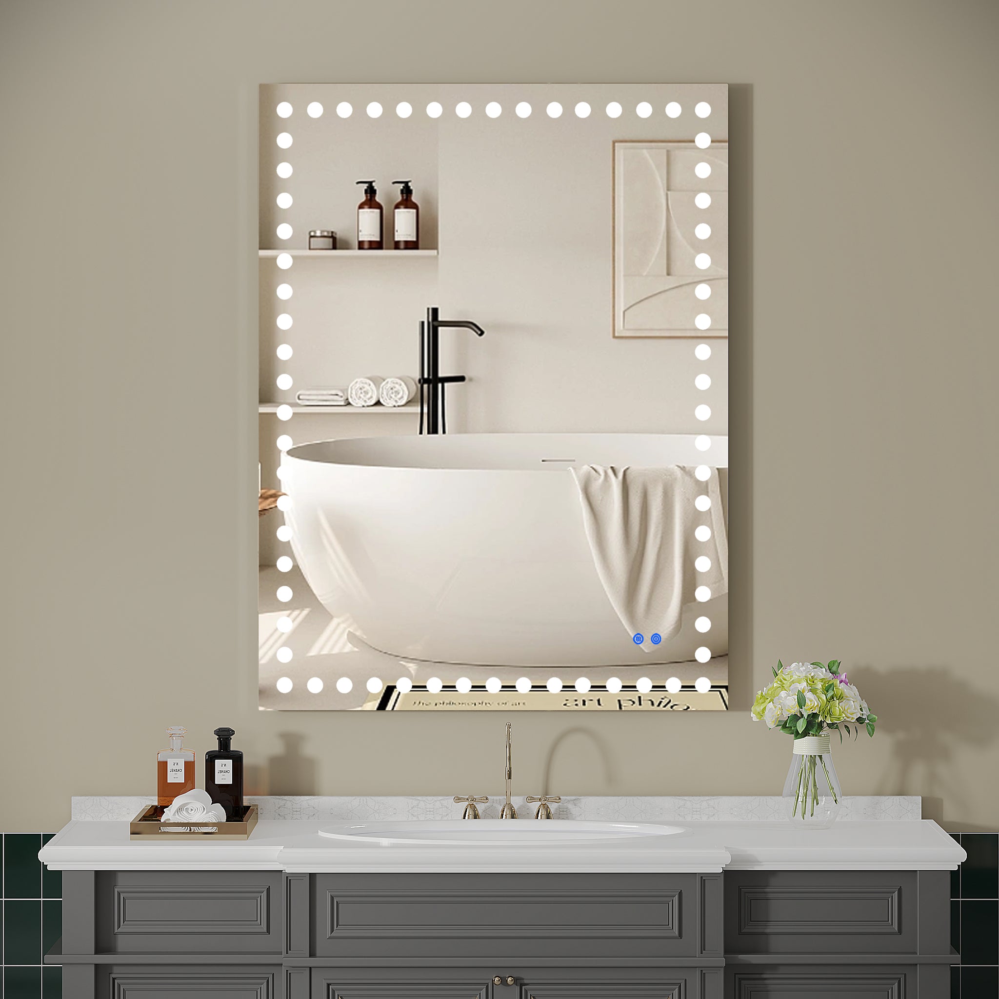 40X32 Inch Led Lit Bathroom Mirror, Wall Mounted Anti Fog Memory Rectangular Vanity Mirror With Tri White Front Circular Light And Touch Sensor Dimmer Switch White Glass