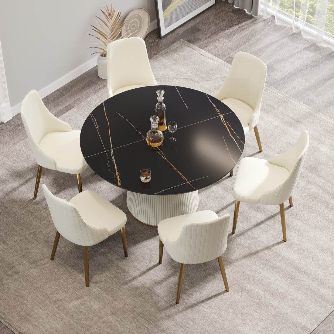 53.15 "Modern Black Artificial Stone Round Beige Plywood Pu Base Dining Table Can Accommodate 6 People. Not Including Chairs. Black Dining Room Plywood Sintered Stone