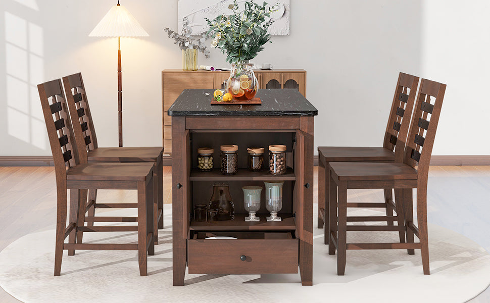 Counter Height 5 Piece Dining Table Set With Faux Marble Tabletop, Solid Wood Table Set With Storage Cabinet And Drawer, Dark Walnut Wood Dining Room Solid Wood Rubberwood Rectangular Sideboard Included Wood Walnut Ladder Back Seats 4 60 Inches Rustic 4