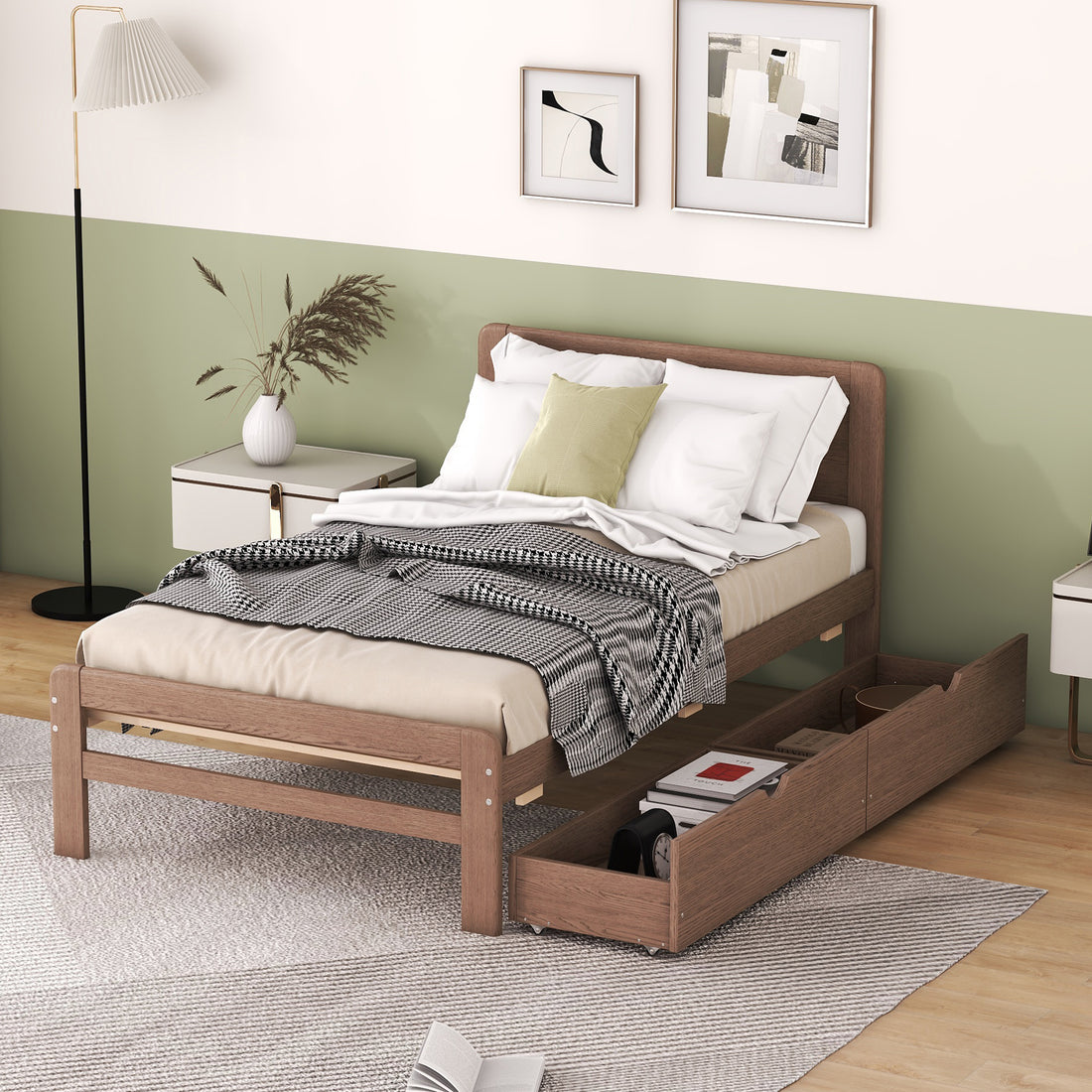 Modern Design Twin Size Platform Bed Frame With 2 Drawers For Walnut Color Twin Walnut Rubber Wood