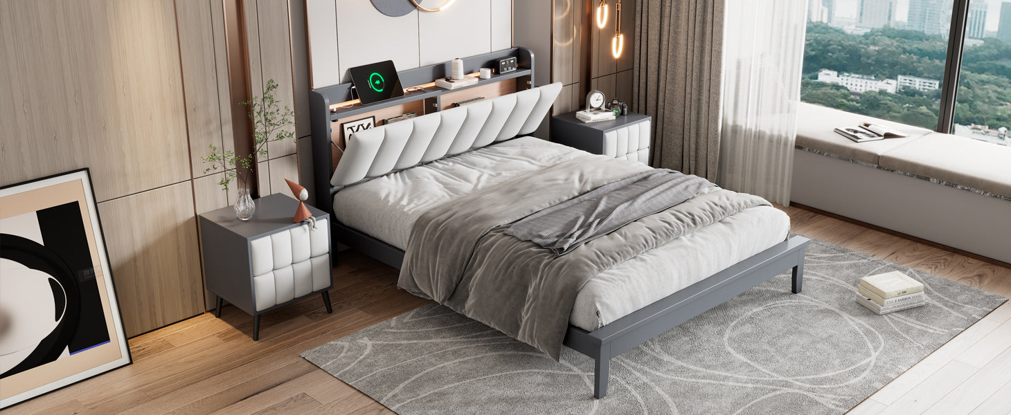 Queen Size Platform Bed With Usb Charging Station And Storage Upholstered Headboard,Led Bed Frame,No Box Spring Needed,Gray White Gray Wood