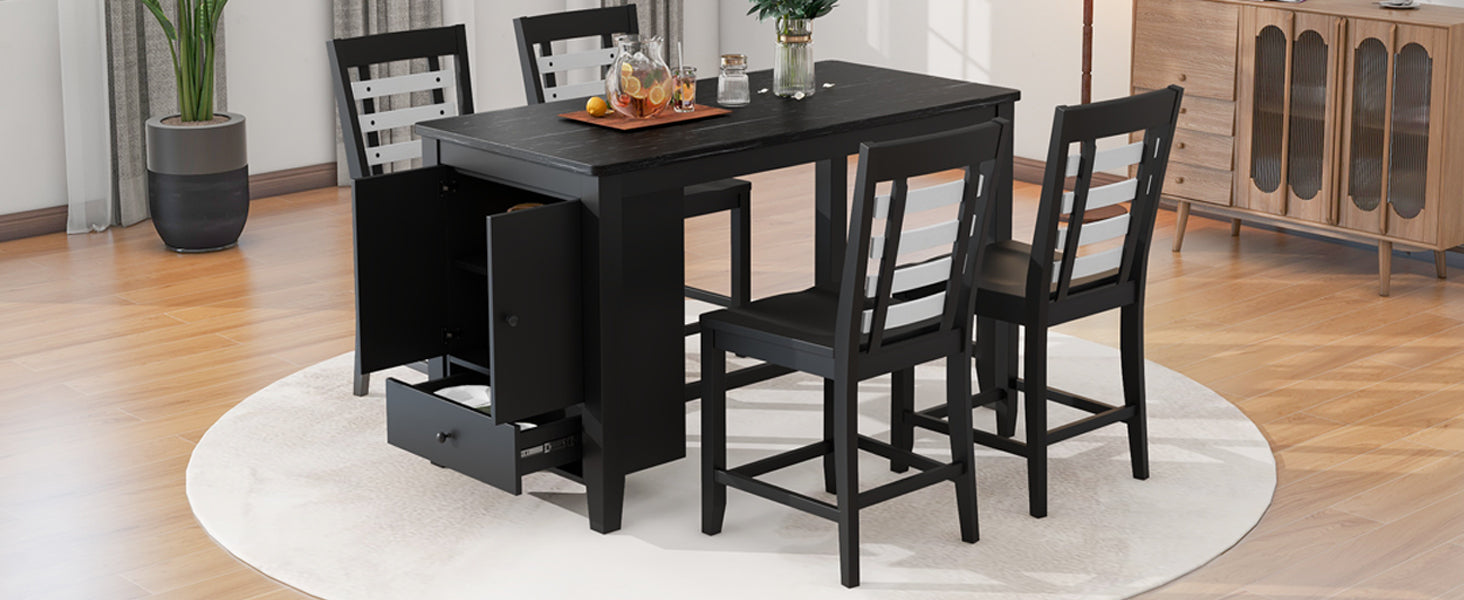 Counter Height 5 Piece Dining Table Set With Faux Marble Tabletop, Solid Wood Table Set With Storage Cabinet And Drawer, Black Wood Dining Room Solid Wood Rubberwood Rectangular Sideboard Included Wood Black Ladder Back Seats 4 60 Inches Rustic 4 Leg