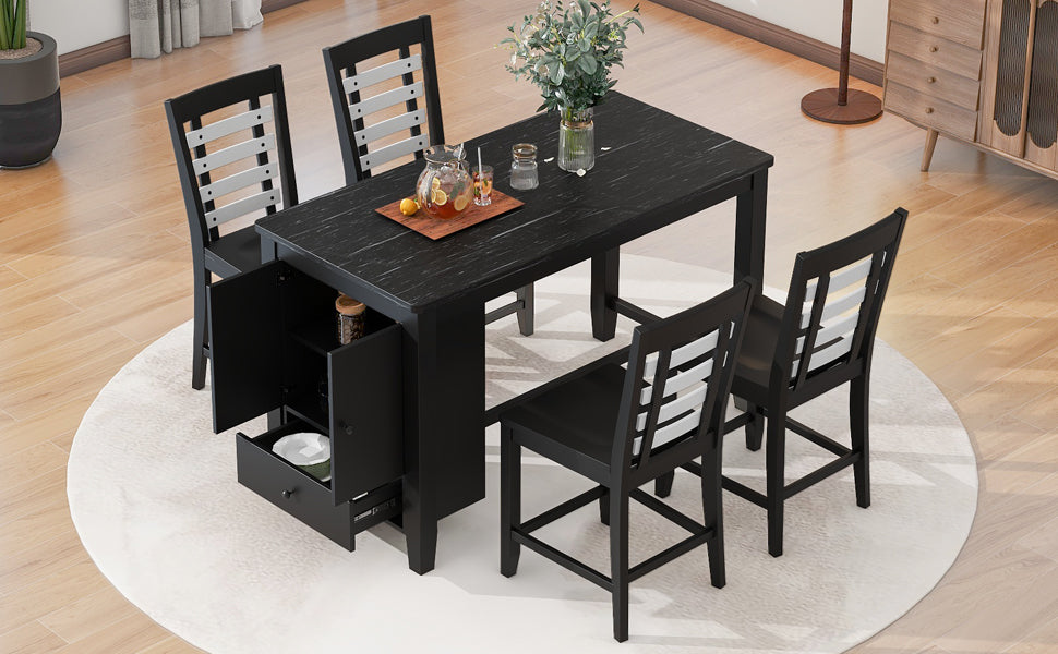 Counter Height 5 Piece Dining Table Set With Faux Marble Tabletop, Solid Wood Table Set With Storage Cabinet And Drawer, Black Wood Dining Room Solid Wood Rubberwood Rectangular Sideboard Included Wood Black Ladder Back Seats 4 60 Inches Rustic 4 Leg