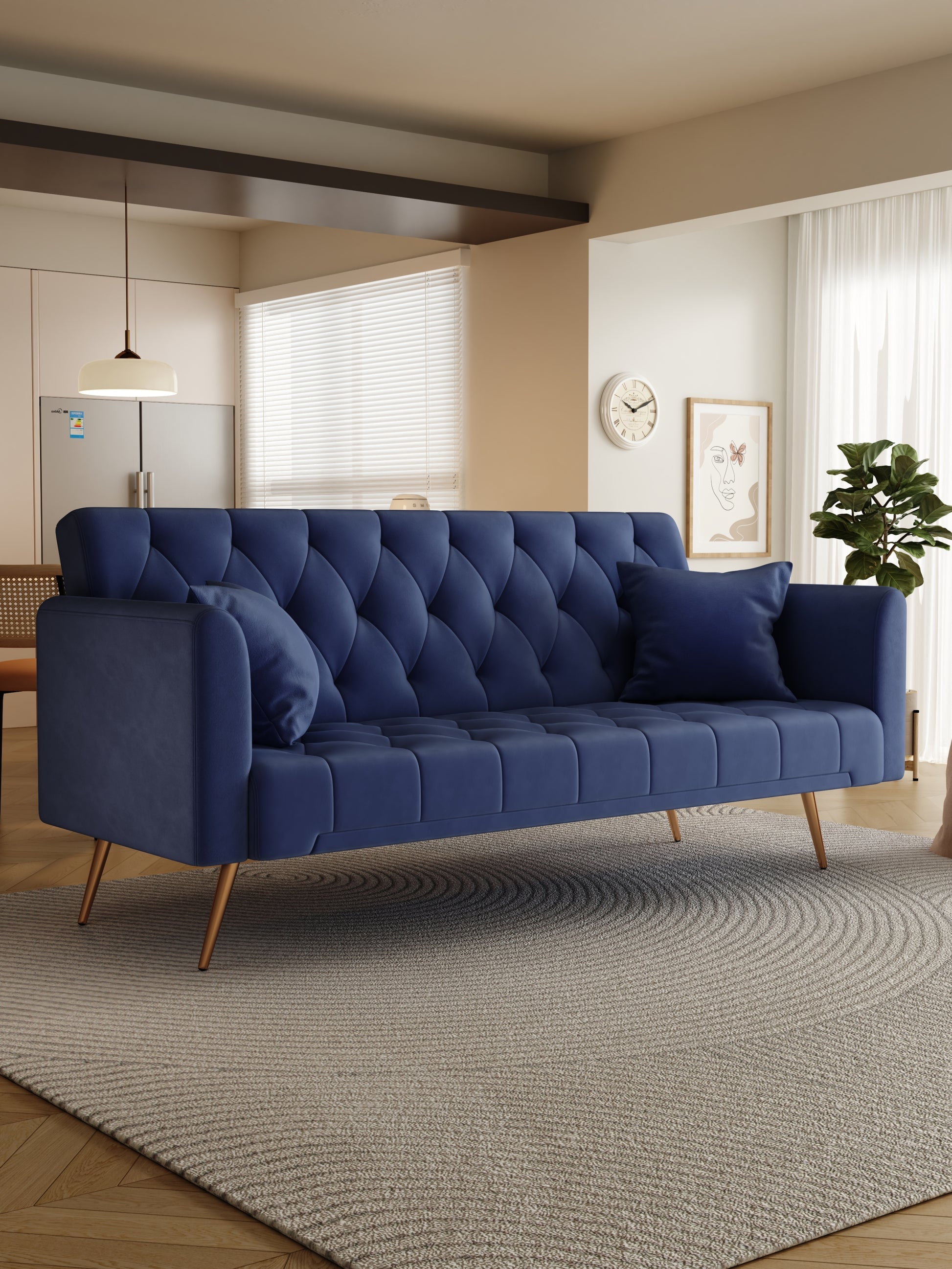 71 Inch Convertibleseat Sofa, American Retro Blue Velvet Material, Suitable For Small Living Room, Bedroom, Office Blue Velvet 2 Seat