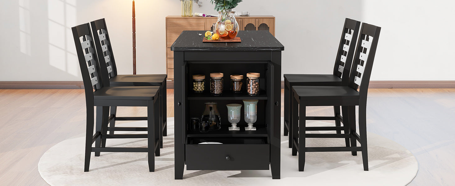 Counter Height 5 Piece Dining Table Set With Faux Marble Tabletop, Solid Wood Table Set With Storage Cabinet And Drawer, Black Wood Dining Room Solid Wood Rubberwood Rectangular Sideboard Included Wood Black Ladder Back Seats 4 60 Inches Rustic 4 Leg