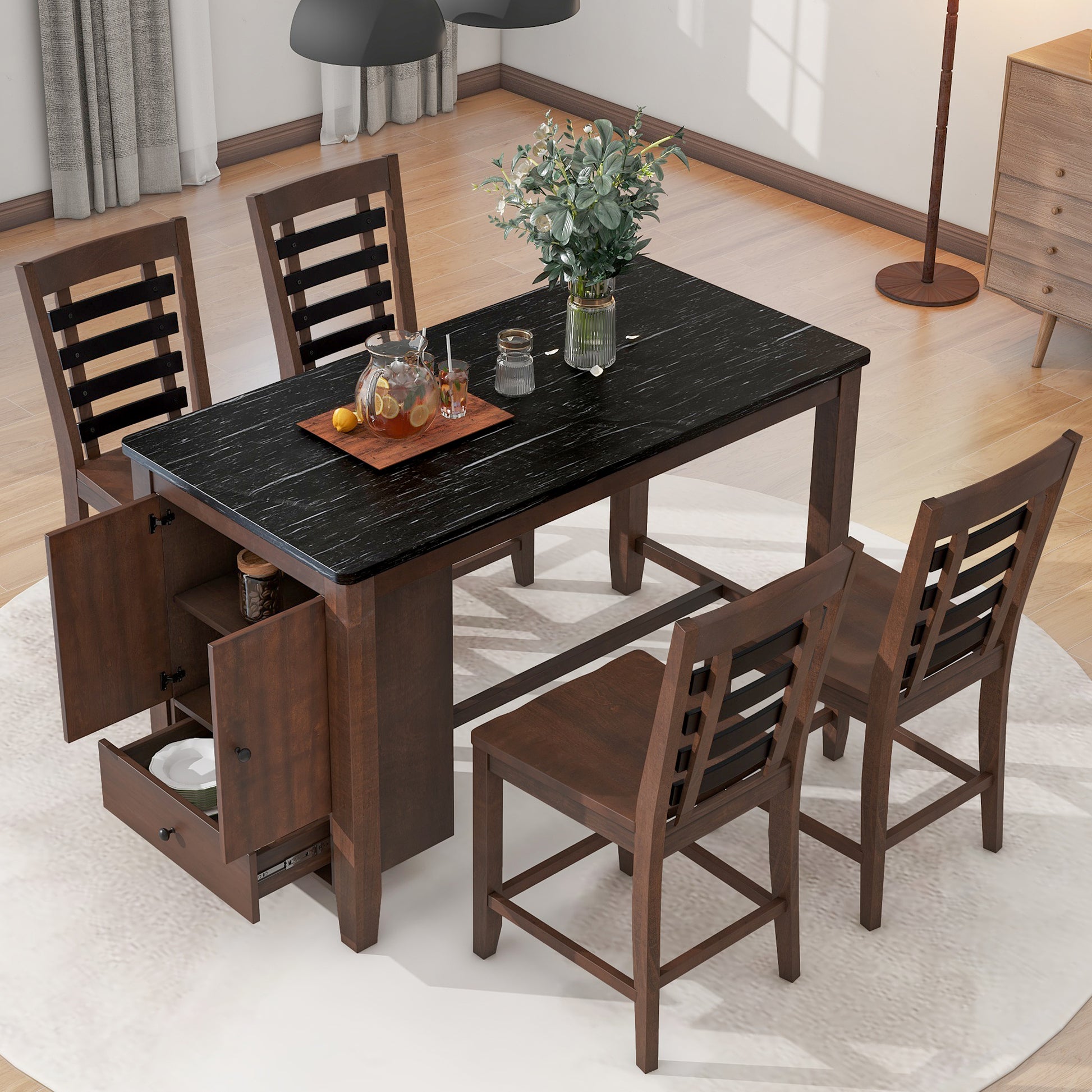 Counter Height 5 Piece Dining Table Set With Faux Marble Tabletop, Solid Wood Table Set With Storage Cabinet And Drawer, Dark Walnut Wood Dining Room Solid Wood Rubberwood Rectangular Sideboard Included Wood Walnut Ladder Back Seats 4 60 Inches Rustic 4