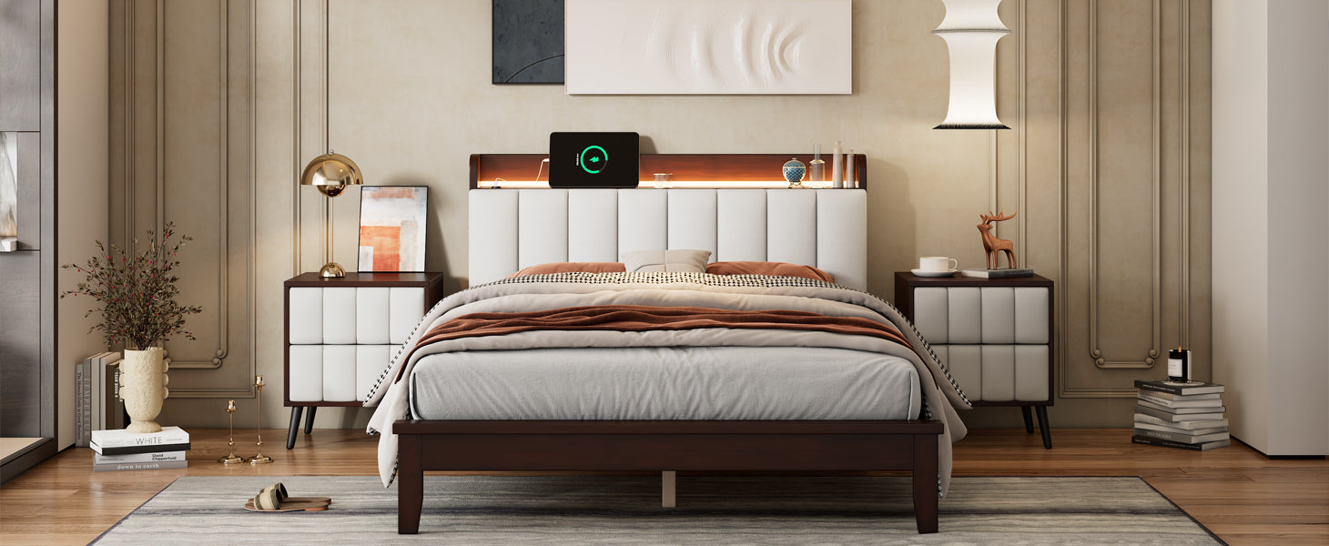 Full Size Platform Bed With Usb Charging Station And Storage Upholstered Headboard,Led Bed Frame,No Box Spring Needed,Walnut Beige Walnut Wood