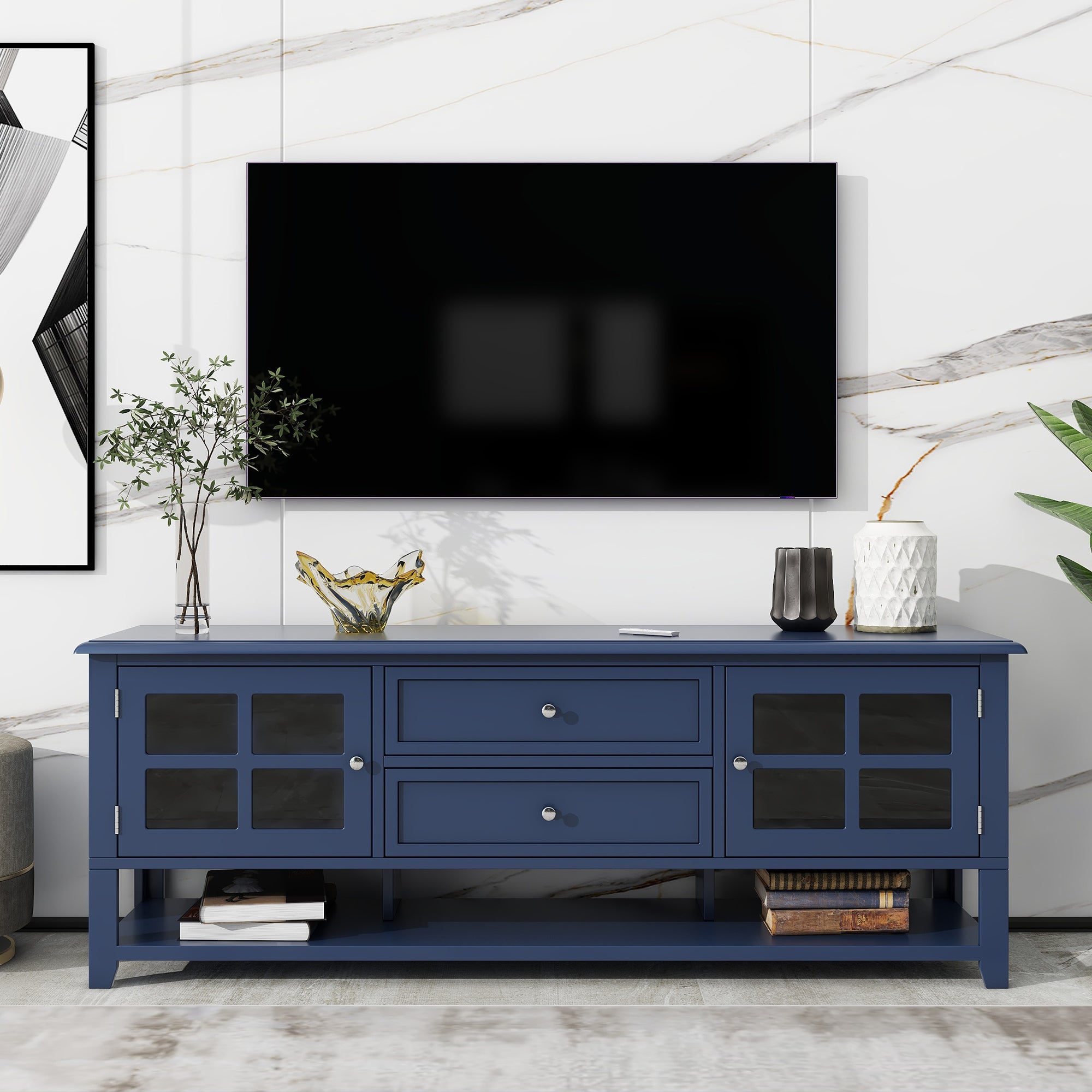 Tv Stand For Tvs Up To 60'', Entertainment Center With Multifunctional Storage Space, Tv Cabinet With Modern Design, Media Console For Living Room, Bedroom Blue 50 59 Inches 50 59 Inches 60 Inches Mdf