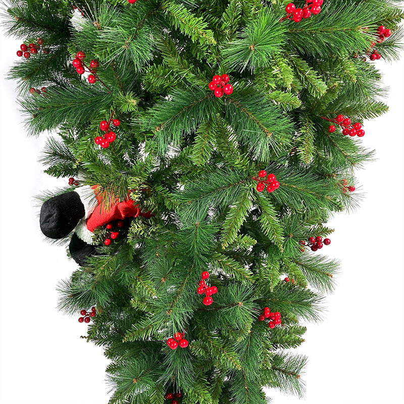 7.5 Ft Upside Down Christmas Tree With Artificial Berries And Santa'S Legs, Pvc Pine Needles, Artificial Holiday Christmas Pine Tree Green Pvc