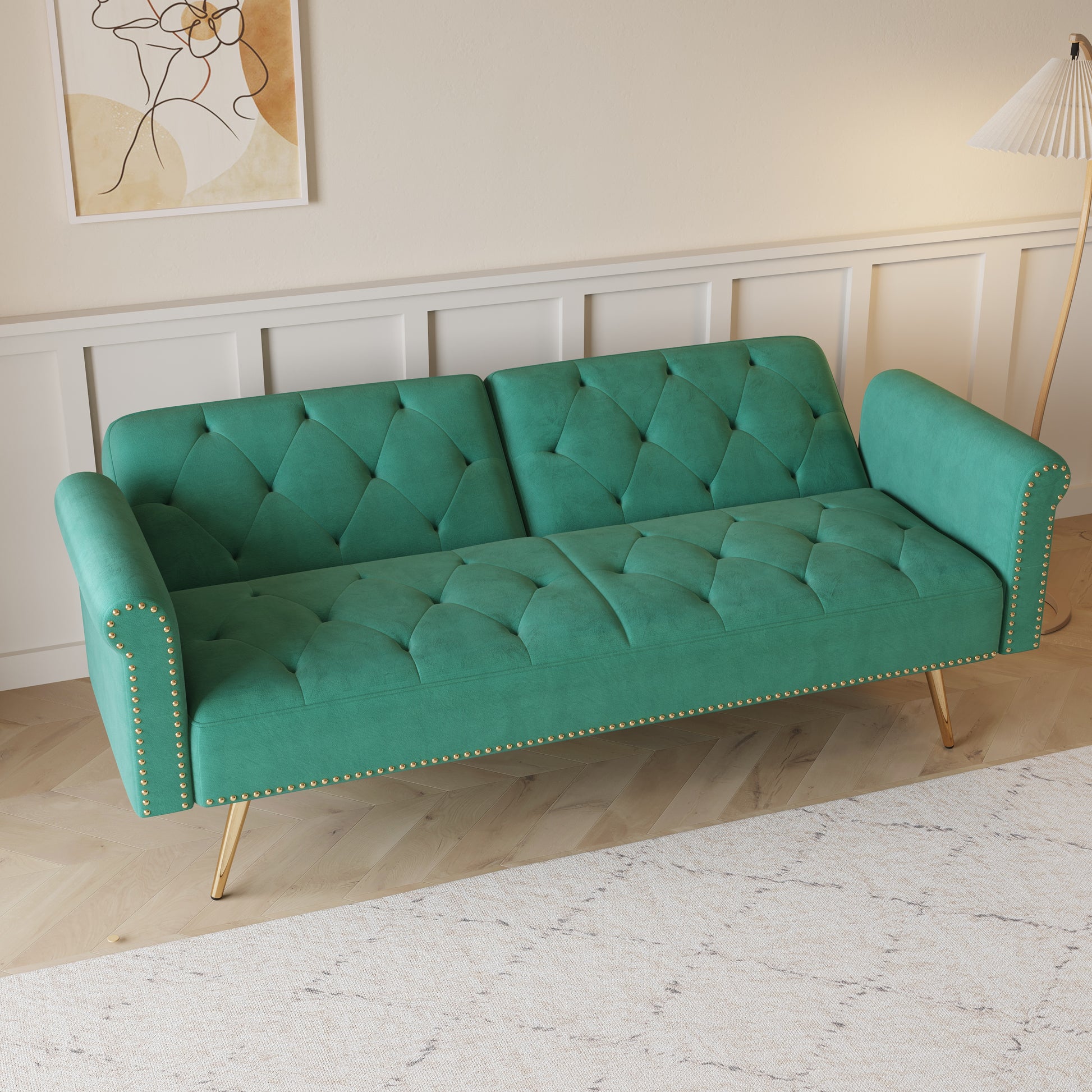 69.7 "Green Velvet Nail Head Sofa Bed With Throw Pillow Green Velvet 2 Seat