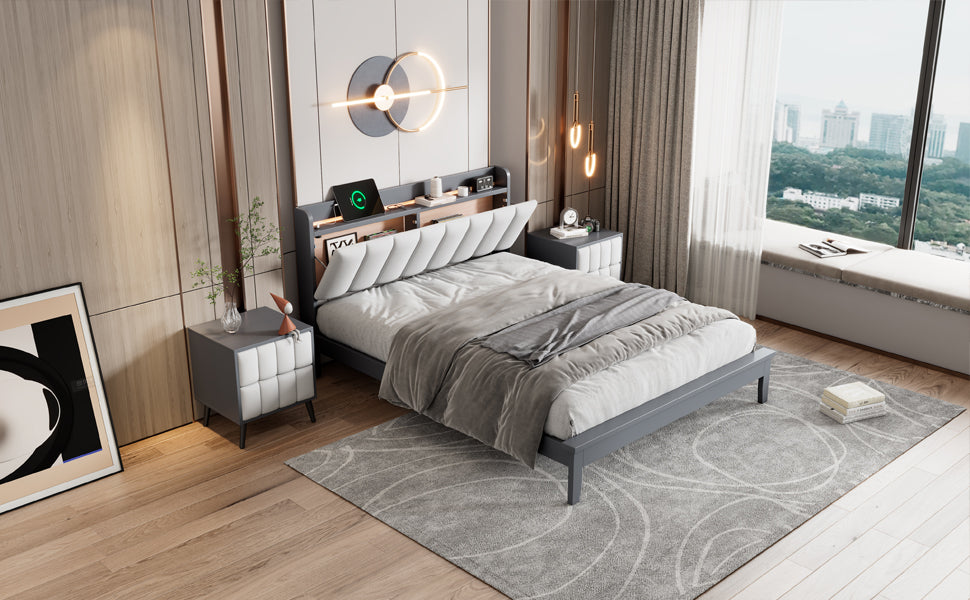 Queen Size Platform Bed With Usb Charging Station And Storage Upholstered Headboard,Led Bed Frame,No Box Spring Needed,Gray White Gray Wood