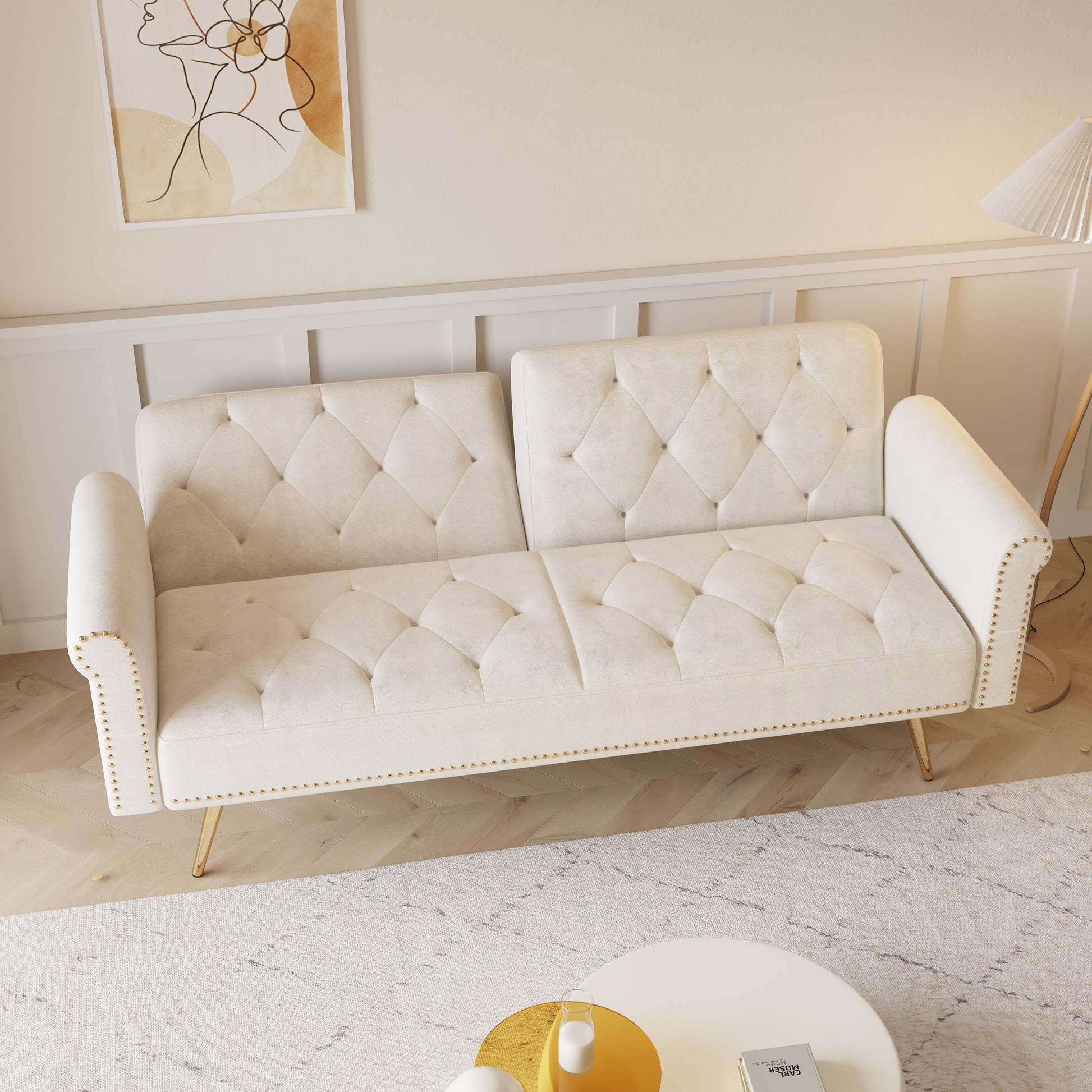 69.7 Inch Beige Velvet Nail Head Sofa Bed With Throw Pillow Beige Velvet 2 Seat