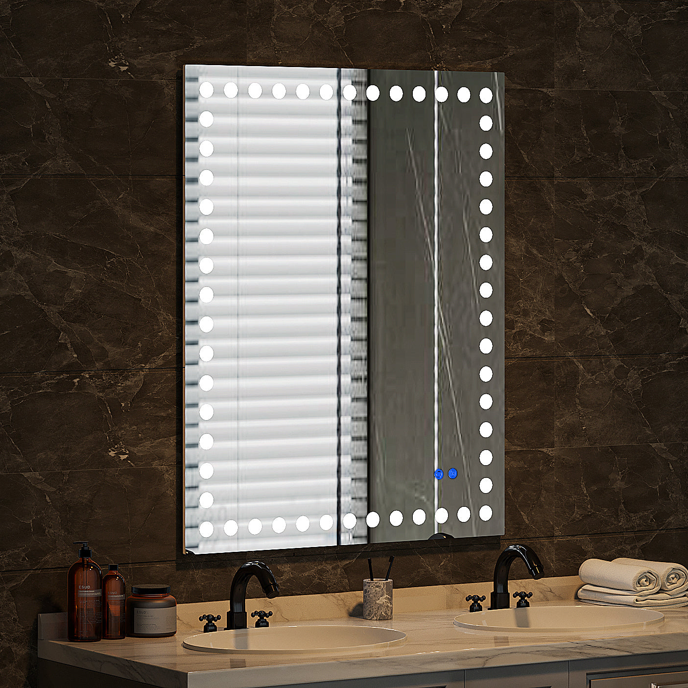 40X32 Inch Led Lit Bathroom Mirror, Wall Mounted Anti Fog Memory Rectangular Vanity Mirror With Tri White Front Circular Light And Touch Sensor Dimmer Switch White Glass