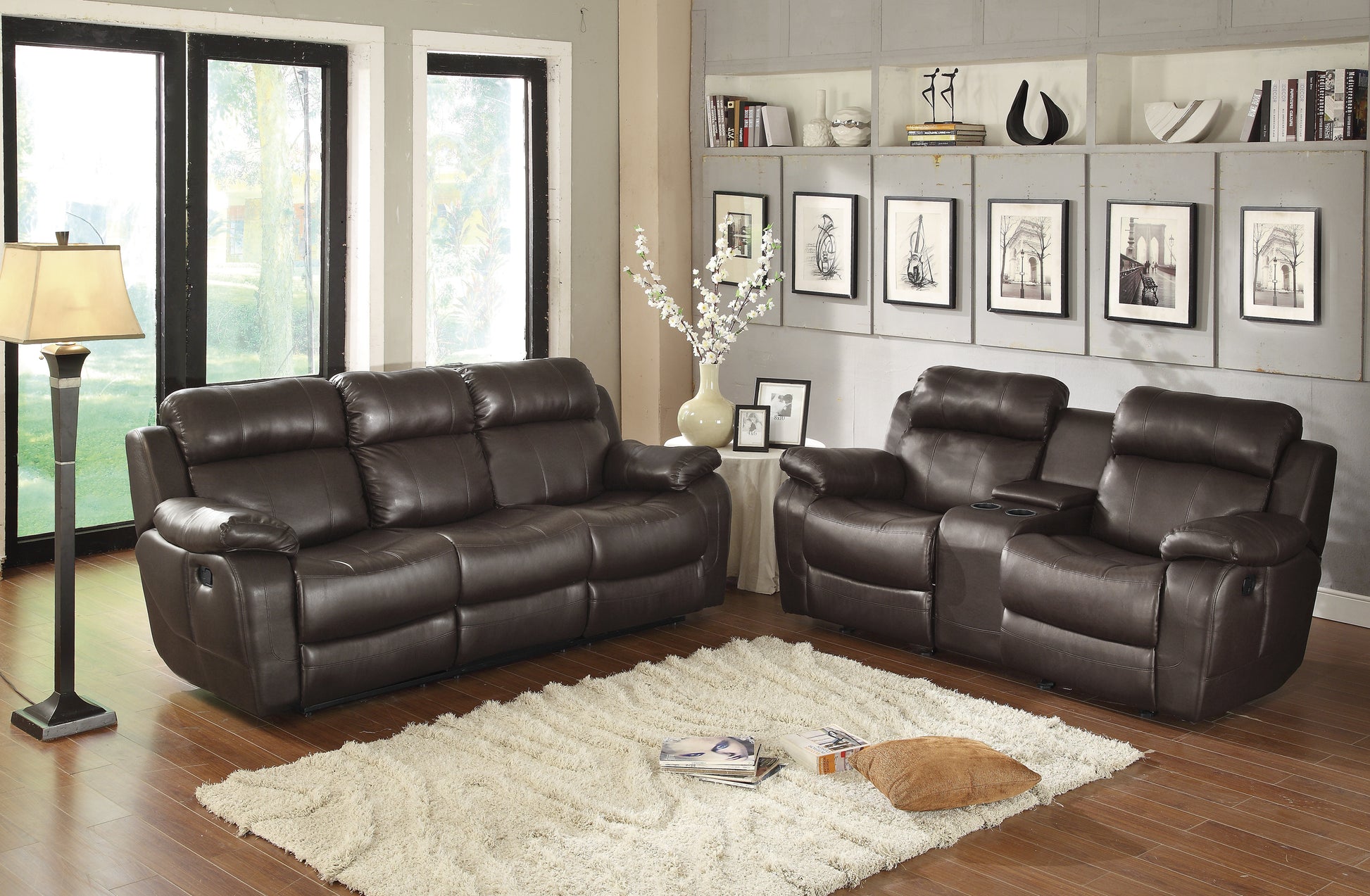 Contemporary Brown Faux Leather Upholstered 1Pc Double Reclining Sofa W Center Drop Down Cup Holder Living Room Furniture Brown Faux Leather Wood Primary Living Space Pillow Top Arms Solid Wood 3 Seat