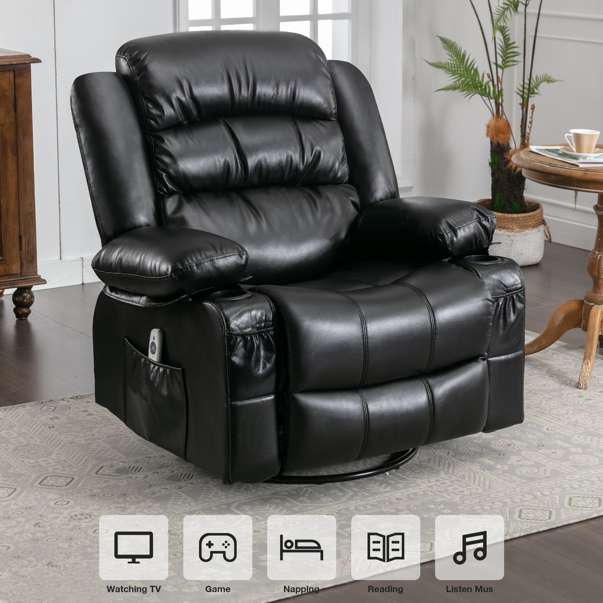 Massage Swivel Rocker Recliner Chair With Vibration Massage And Heat Ergonomic Lounge Chair For Living Room With Rocking Function And Side Pocket2 Cup Holders Usb Charge Port ,Black. Black Primary Living Space Soft Heavy Duty Cotton Pu Leather