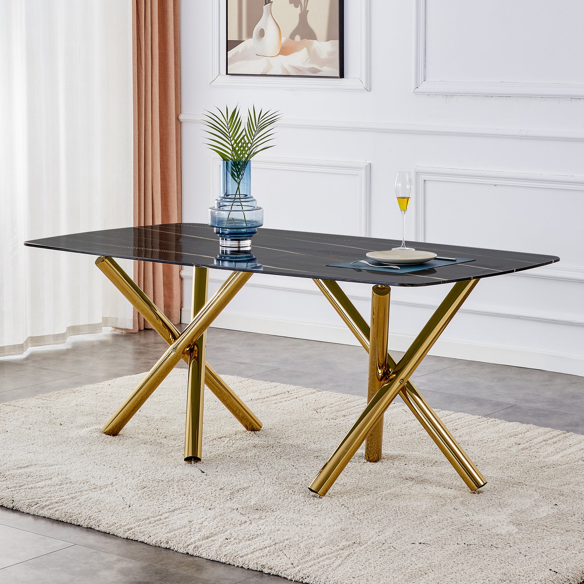 Large Modern Minimalist Rectangular Glass Dining Table 0.39" Fibertempering Glass Imitation Marble Black Desktop And Golden Metal Legs, For Kitchen Dining Living Meeting Room Banquet Hal Black Glass