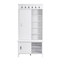 Multifunctional Hall Tree With Sliding Doors, Wooden Hallway Shoe Cabinet With Storage Bench And Shelves, Mudroom Coat Storage With Hanging Hooks For Entryways, White White Mdf