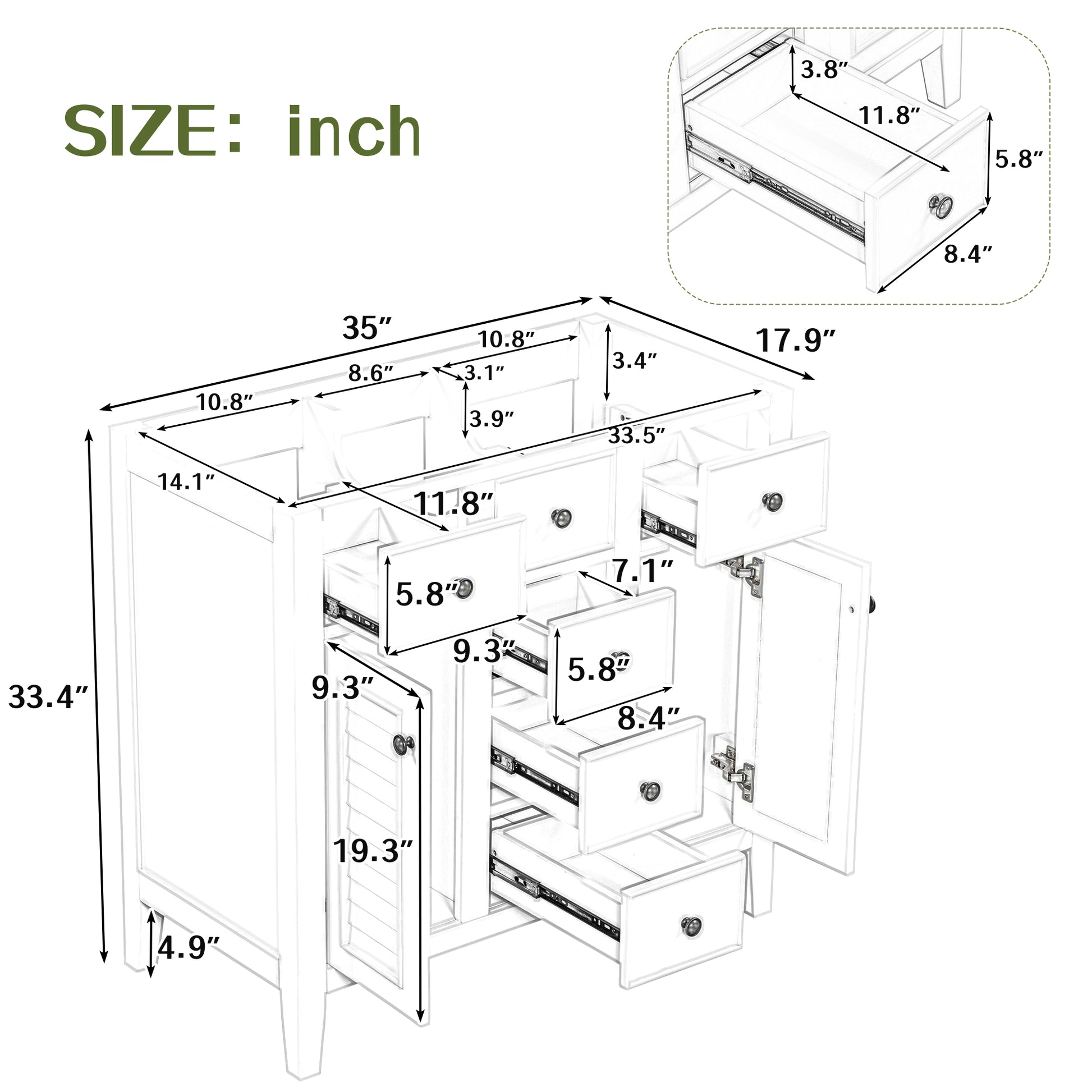 36" Bathroom Vanity Without Sink, Cabinet Base Only, Two Cabinets And Five Drawers, Solid Wood Frame, White White Solid Wood Mdf