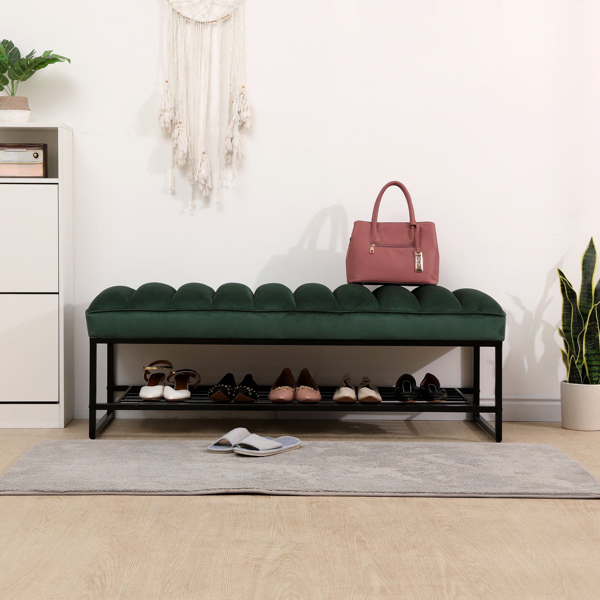 Green Velvet Channel Tufted Ottoman Bench Accent Upholstered Bendroom End Of Bed Bench With Storage Shelf Green Green Primary Living Space Rectangular Modern Foam Velvet