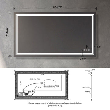 55*30 Inch Bathroom Led Mirror Anti Fog Mirror With Button Silver Glass