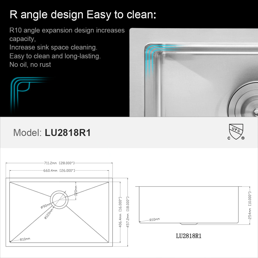 28 Inch Undermount Sink 28"X18"X10" Undermount Stainless Steel Kitchen Sink 16 Gauge 10 Inch Deep Single Bowl Kitchen Sink Basin Brushed Nickel Stainless Steel