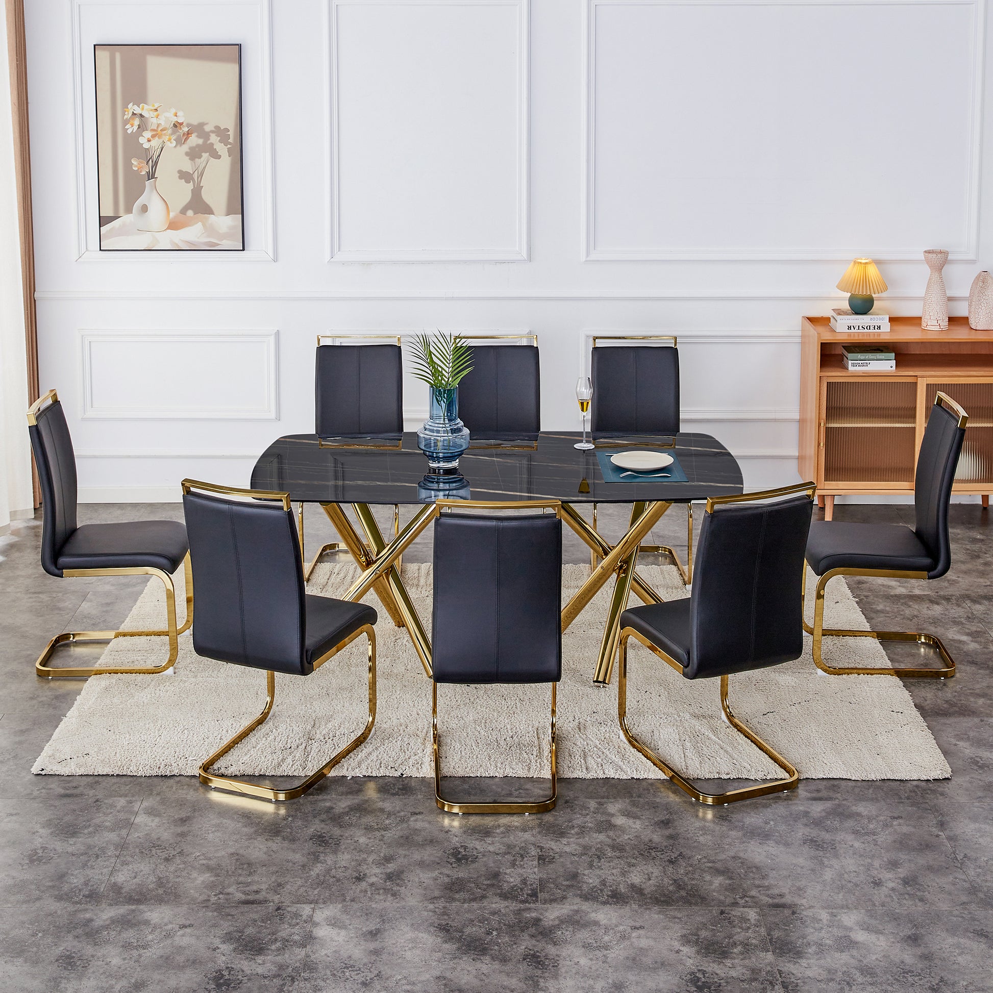 Large Modern Minimalist Rectangular Glass Dining Table 0.39" Fibertempering Glass Imitation Marble Black Desktop And Golden Metal Legs, For Kitchen Dining Living Meeting Room Banquet Hal Black Glass