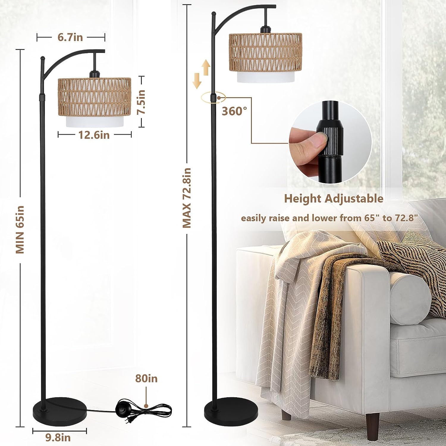 Arc Floor Lamp For Living Room With 3 Color Temperatures Brown Table&Floor Lamps Rattan