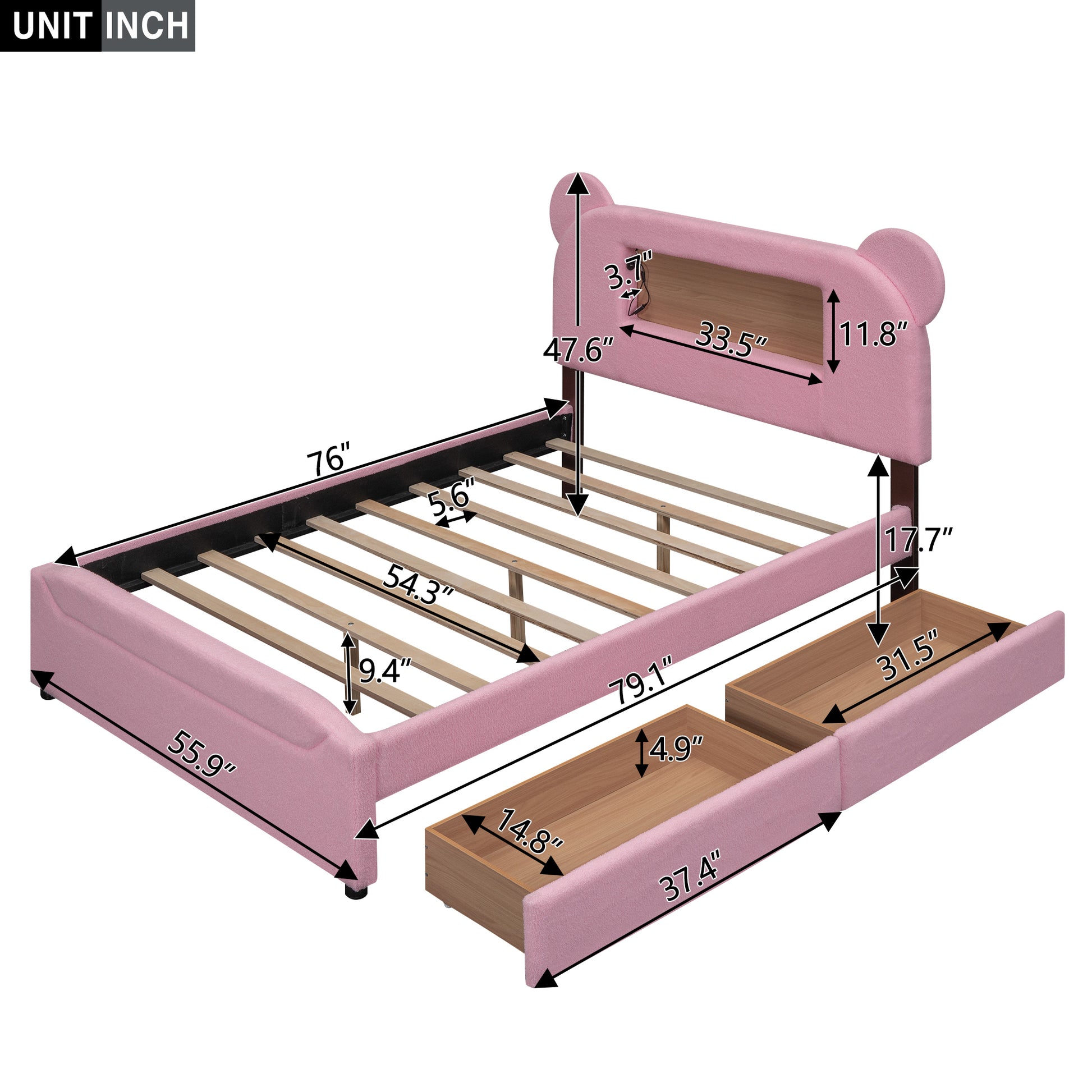 Full Size Upholstered Storage Platform Bed With Cartoon Ears Headboard, Led And Usb, Pink Box Spring Not Required Full Pink Wood Bedroom Bed Frame Upholstered