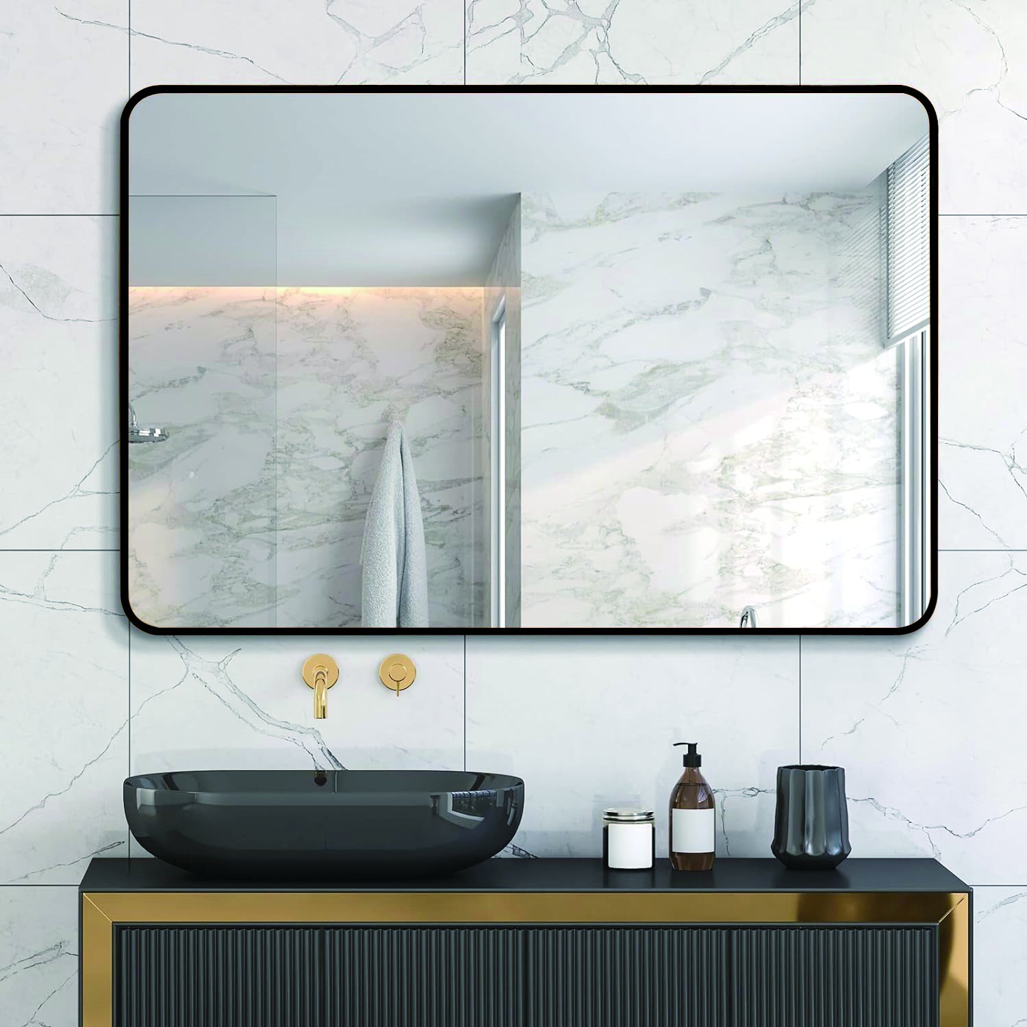 Black 30 "X40" Rectangular Bathroom Wall Mirror Black Classic,Modern Mdf Glass Aluminium